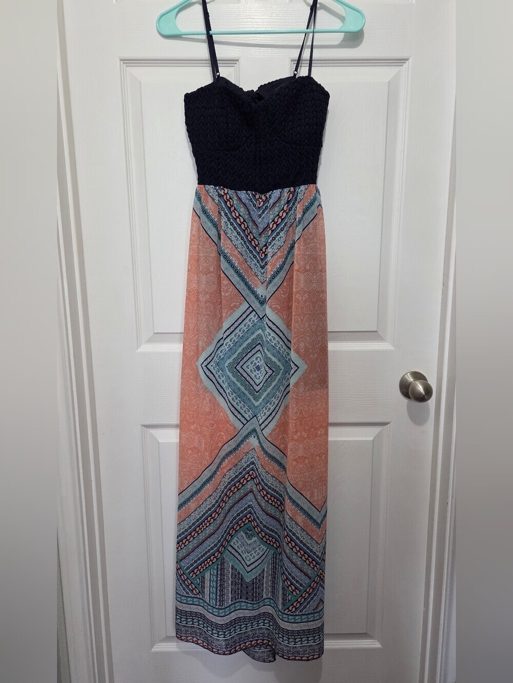 Trixxi Boho Navy Crochet Bodice Coral Blue Printed Chiffon Maxi Dress Sz Medium